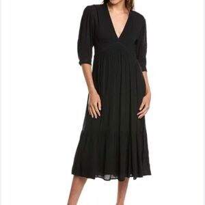 Ba&sh Black V-Neck Midi Dress with 3/4 Sleeves